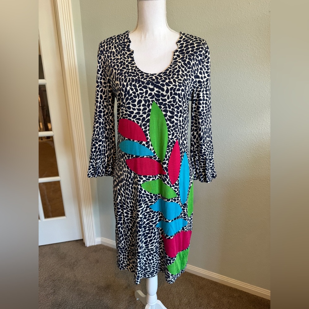 Lilly Pulitzer 3/4 Sleeve Blue & White Multicolor Leaf Print Dress Size M